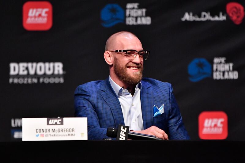 ABU DHABI, UNITED ARAB EMIRATES - JANUARY 21:  Conor McGregor of Ireland interacts with media during the UFC 257 press conference event inside Etihad Arena on UFC Fight Island on January 21, 2021 in Yas Island, Abu Dhabi, United Arab Emirates. (Photo by Jeff Bottari/Zuffa LLC via Getty Images)