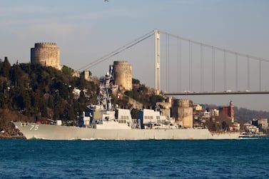 The US Navy Arleigh Burke-class guided-missile destroyer USS Donald Cook (DDG 75) sets sail in the Bosphorus, on its way to the Mediterranean Sea, in Istanbul, Turkey March 1, 2019. Reuters