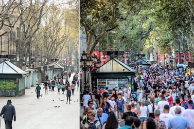 Left: Las Ramblas in Barcelona in March 2020, right: Las Ramblas in September 2019. Getty Images
