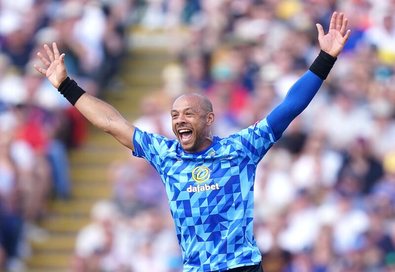 Sussex's Tymal Mills celebrates the wicket of Kent's Jordan Cox during the Vitality Blast semi-final match at Edgbaston, Birmingham on October 4, 2021. PA