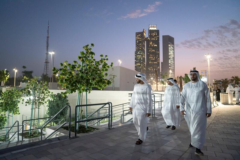 ABU DHABI, UNITED ARAB EMIRATES -November 06, 2018: HH Sheikh Mohamed bin Zayed Al Nahyan, Crown Prince of Abu Dhabi and Deputy Supreme Commander of the UAE Armed Forces (L), visits A'L Bahar Project, at the Corniche. Seen with HE Mohamed Khalifa Al Mubarak, Chairman of the Department of Culture and Tourism and Abu Dhabi Executive Council Member (R).

( Mohamed Al Hammadi / Ministry of Presidential Affairs )
---