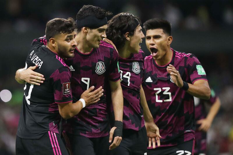 Mexico's Raul Jimenez celebrates after scoring their second goal from the peanlty spot. Reuters