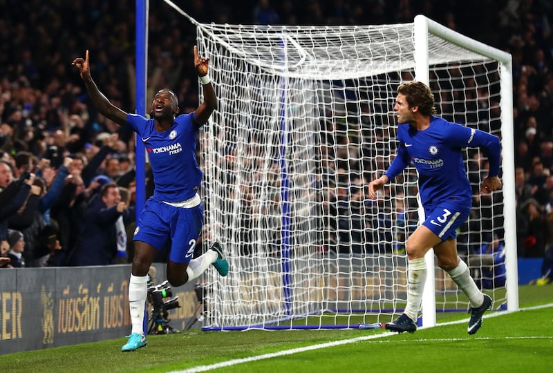 Antonio Rudiger celebrates after scoring against Swansea. Clive Rose / Getty Images