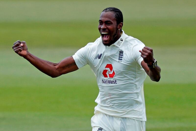 Jofra Archer celebrates trapping West Indies' Shamarh Brooks LBW on the fifth day of the first Test between England and the West Indies. Archer was ruled out of the second Test and sent into self-isolation on July 16 for breaking "bio-secure protocols" aimed at stopping coronavirus infections. AFP