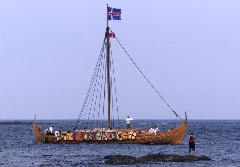 The Viking replica ship 'Islendingur+'arrives in the fishing village of L'Anse aux Meadows in Newfoundland. Reuters
