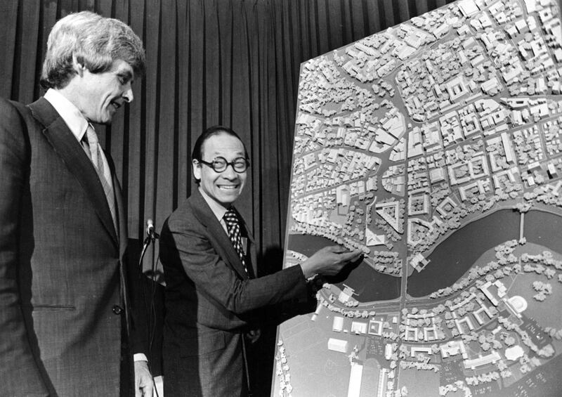 CAMBRIDGE, MA - JUNE 7: President John F. Kennedy Memorial Library Corporation President Stephen Smith, left, and architect for the library-museum I.M. Pei reveal new plans for the complex in Cambridge, MA on Jun. 7, 1974.  (Photo by Charles B. Carey/The Boston Globe via Getty Images)