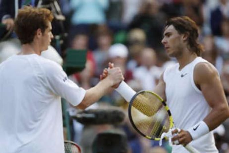 Rafael Nadal shakes hands with Andy Murray at the end of their quarter-final clash.