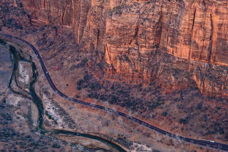 MHGCF6 Aerial landscape view of rock cliffs and a road in Zion national park, Utah, USA. Martin Molcan / Alamy Stock Photo