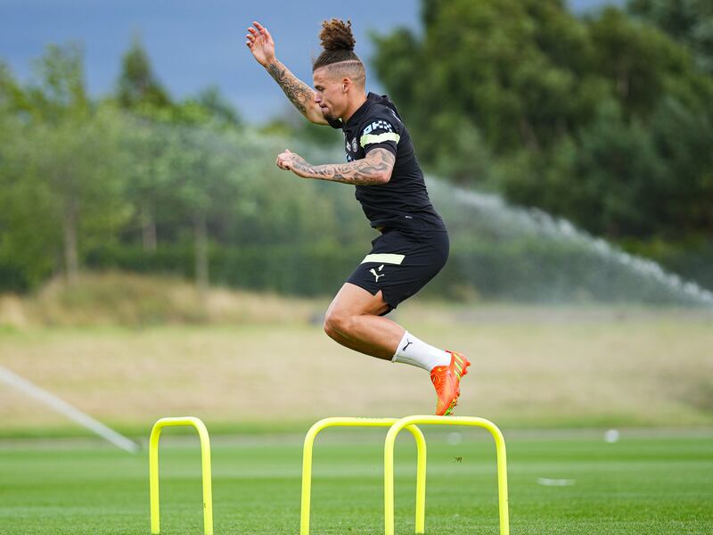 Manchester City's Kalvin Phillips trains for Sunday's match against West Ham. Getty