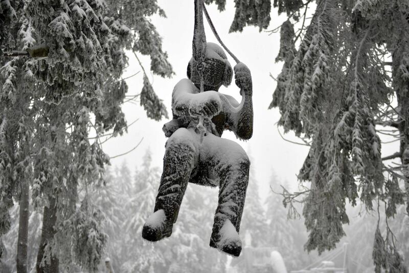 A sculpture promoting a climbing forest is covered by frost and snow as it hangs between trees on the Wasserkuppe mountain. AFP
