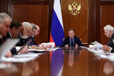 Former Russian president Dmitry Medvedev, seen at a meeting on Friday, has not ruled out nuclear deterrence. AP Photo