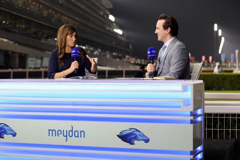 Dubai, United Arab Emirates - October 24, 2019: Laura King and Jon Ivan-Duke from Dubai Racing channel on the opening meeting of the new season. Thursday the 24th of October 2019. Meydan Racecourse, Dubai. Chris Whiteoak / The National