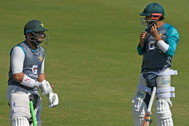 Babar Azam, right, and Imam-ul-Haq prepare to bat during training on Sunday. AFP