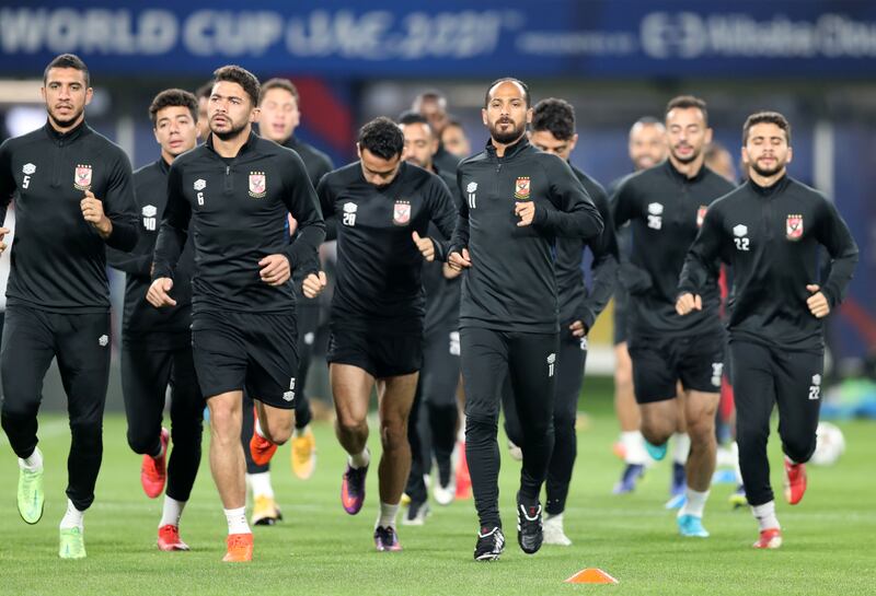 Al Ahly train ahead of the game against Monterrey in the Fifa Club World Cup UAE 2021 at Al Nayan Stadium in Abu Dhabi. Chris Whiteoak / The National