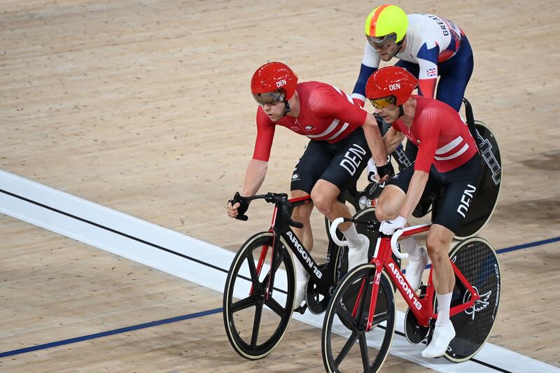 Denmark's Lasse Norman Hansen and Michael Morkov during the men's madison final at the Tokyo 2020 Olympic Games.