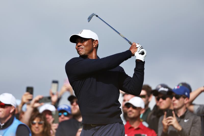 Tiger Woods  tees off during a practice round. Getty