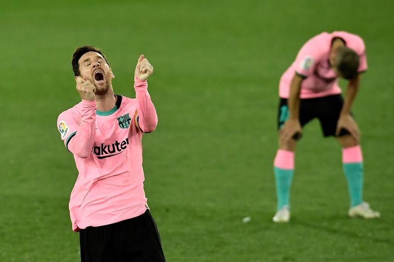 A frustrated Lionel Messi during Barcelona's 1-1 La Liga draw with Alaves at the Mendizorroza Stadium on Saturday, October 31. AP