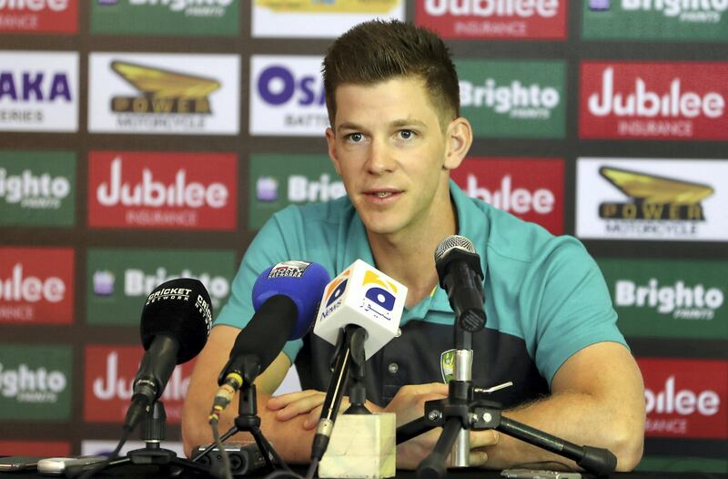 ABU DHABI , UNITED ARAB EMIRATES ,  October 15 , 2018 :- Tim Paine, captain of the Australian Cricket Team during the press conference held at Zayed Cricket Stadium in Abu Dhabi. ( Pawan Singh / The National )  For Sports. Story by Amith