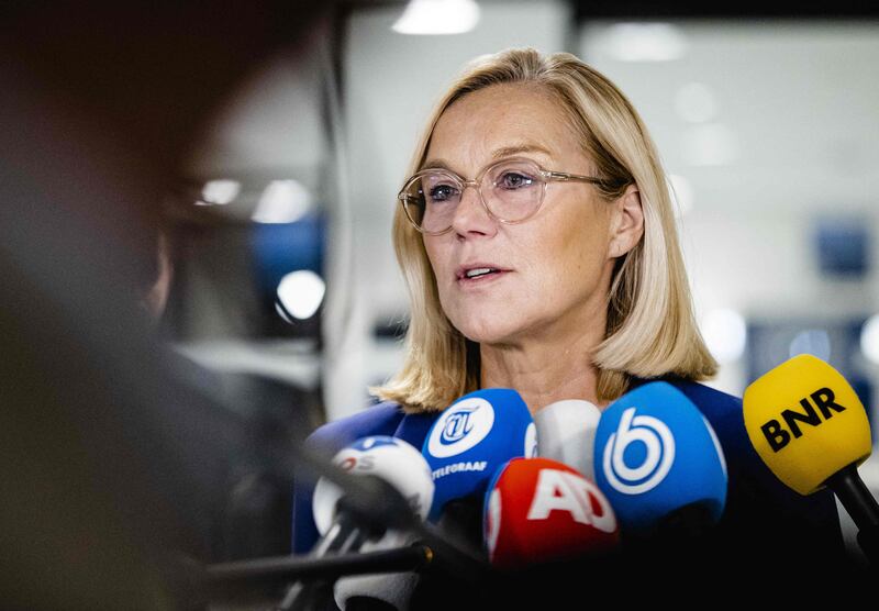 Sigrid Kaag speaks to the press in the Hague after resigning her Cabinet position. AFP
