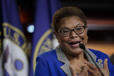 WASHINGTON, DC - JULY 22: Chair of the Congressional Black Caucus (CBC) Rep. Karen Bass (D-CA) speaks during a news conference to discuss an upcoming House vote regarding statues on Capitol Hill on July 22, 2020 in Washington, DC. House Democrats have introduced a bill that would replace the bust of former Supreme Court Chief Justice Roger B. Taney in the Old Supreme Court Chamber at the U.S. Capitol with one of former Justice Thurgood Marshall. Taney was the author of the 1857 Dred Scott decision that declared African Americans couldn't be citizens.   Drew Angerer/Getty Images/AFP
== FOR NEWSPAPERS, INTERNET, TELCOS & TELEVISION USE ONLY ==
