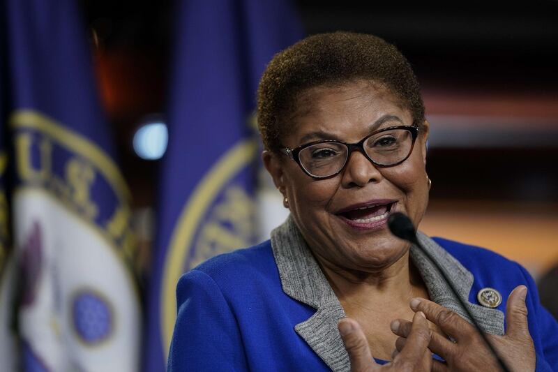 WASHINGTON, DC - JULY 22: Chair of the Congressional Black Caucus (CBC) Rep. Karen Bass (D-CA) speaks during a news conference to discuss an upcoming House vote regarding statues on Capitol Hill on July 22, 2020 in Washington, DC. House Democrats have introduced a bill that would replace the bust of former Supreme Court Chief Justice Roger B. Taney in the Old Supreme Court Chamber at the U.S. Capitol with one of former Justice Thurgood Marshall. Taney was the author of the 1857 Dred Scott decision that declared African Americans couldn't be citizens.   Drew Angerer/Getty Images/AFP
== FOR NEWSPAPERS, INTERNET, TELCOS & TELEVISION USE ONLY ==
