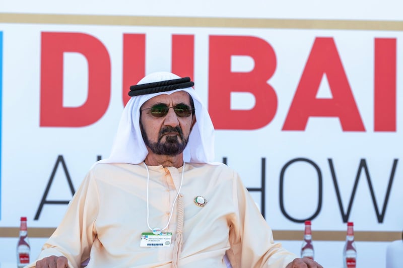 Sheikh Mohammed bin Rashid, Vice President and Ruler of Dubai, watches aerobatic displays at Dubai Airshow. Photo: Dubai Media Office