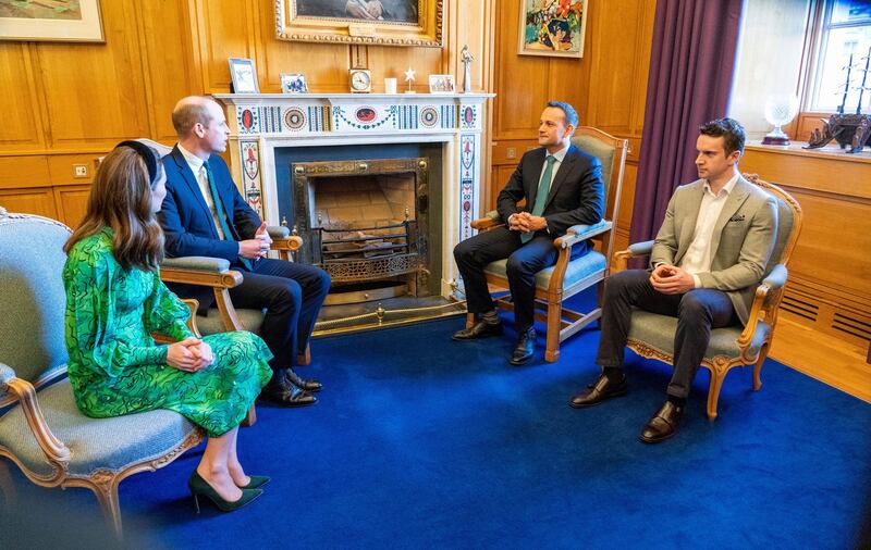 Later in the morning, the Duke and Duchess of Cambridge met Ireland's Taoiseach Leo Varadkar and partner Matthew Barrett at 
Government Buildings in Dublin, Ireland. EPA