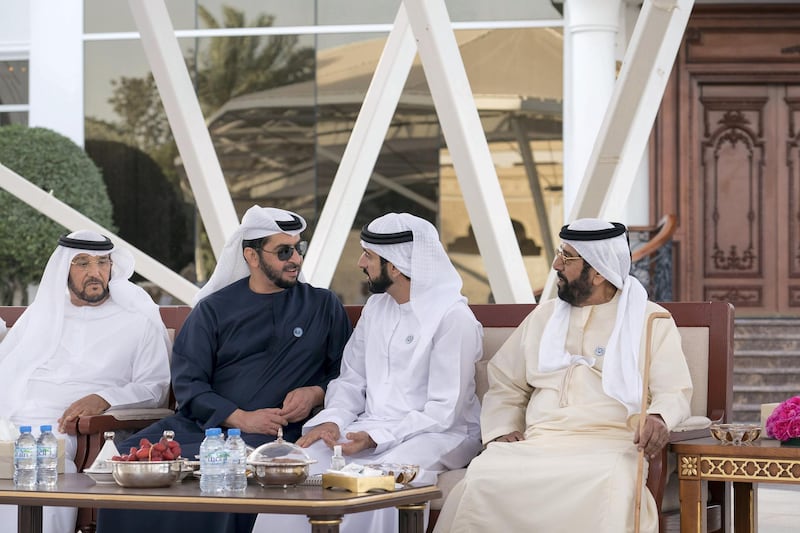 ABU DHABI, UNITED ARAB EMIRATES - February 19, 2018: (R-L) HH Sheikh Tahnoon bin Mohamed Al Nahyan, Ruler's Representative in Al Ain Region, HH Sheikh Hamdan bin Mohamed Al Maktoum, Crown Prince of Dubai, HH Sheikh Hamdan bin Zayed Al Nahyan, Ruler’s Representative in Al Dhafra Region and HH Sheikh Mohamed bin Butti Al Hamed, attend a Sea Palace barza.

( Ryan Carter for the Crown Prince Court - Abu Dhabi )
---