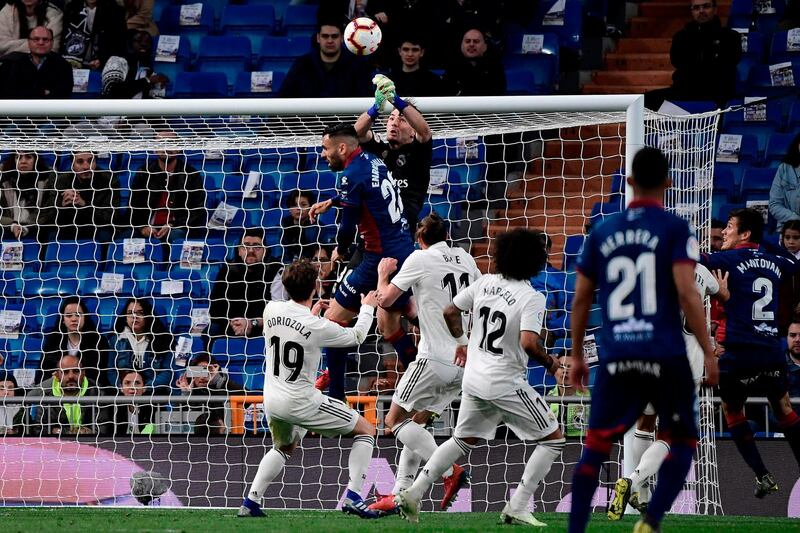 Luca Zidane blocks a shot during the Huesca match. AFP