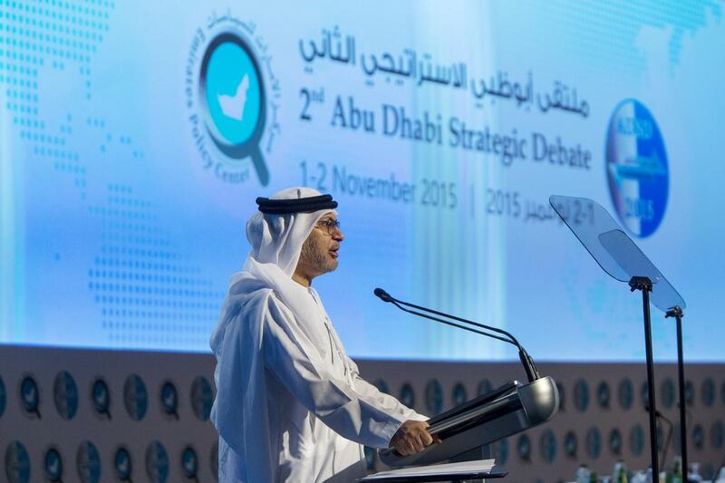 Dr Anwar Gargash, Minister of State for Foreign Affairs, speaks at the Abu Dhabi Strategic Debate on Sunday. Christopher Pike / The National 