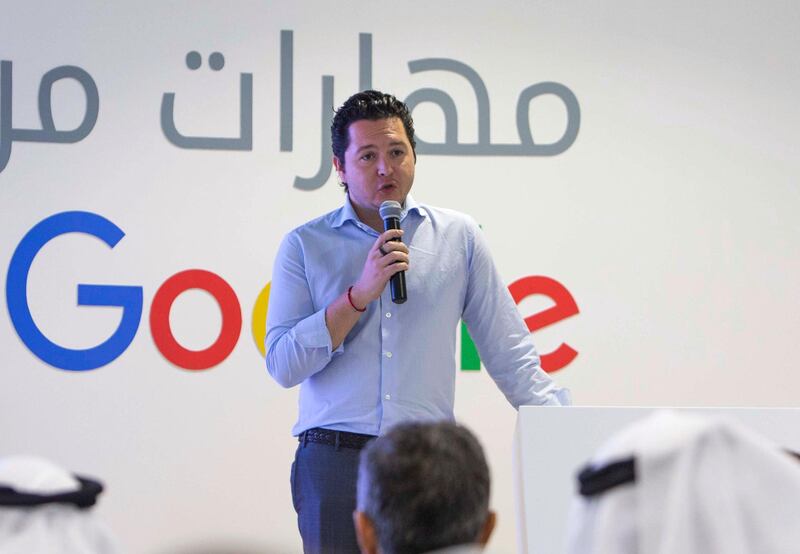 DUBAI, UNITED ARAB EMIRATES, April 15, 2018 - Tareq Abdalla Head of Marketing Google MENA speaking at the Maharat Min Google announcement at Youth X Hub, Jumeirah Emirates Tower, Dubai. (Leslie Pableo/For The National) for Business story by Sarmad Khan 