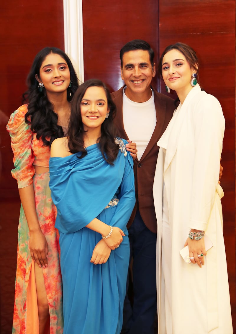 Smrithi Srikanth, Sahejmeen Kaur, Akshay Kumar and Sadia Khateeb in Dubai. Pawan Singh / The National 