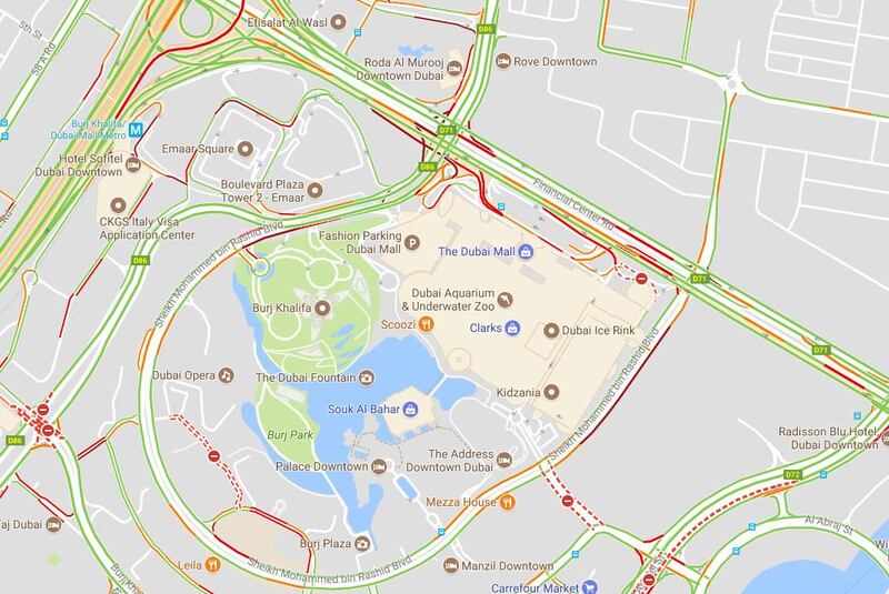 A screengrab of traffic around in the Dubai Mall area on Thursday evening. Courtesy Google Maps
