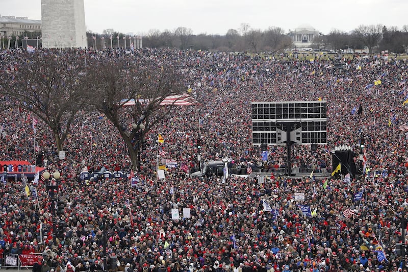 Supporters as US President Donald J Trump delivers remarks to supporters gathered to protest Congress' upcoming certification of Joe Biden as the next president on the Ellipse in Washington, DC, USA.  EPA