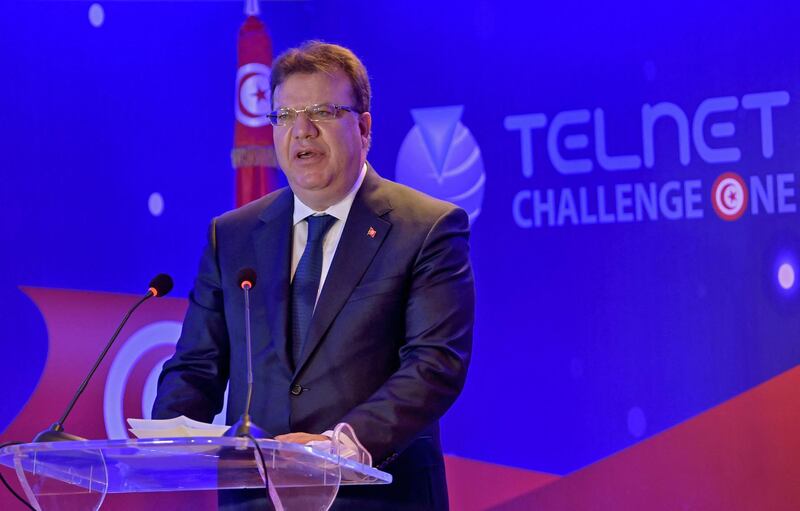Mohamed Frikha, CEO of Tunisia's Telnet Group, delivers a speech following the launch of Russia's Soyuz-2.1a carrier rocket from the Baikonur cosmodrome. AFP
