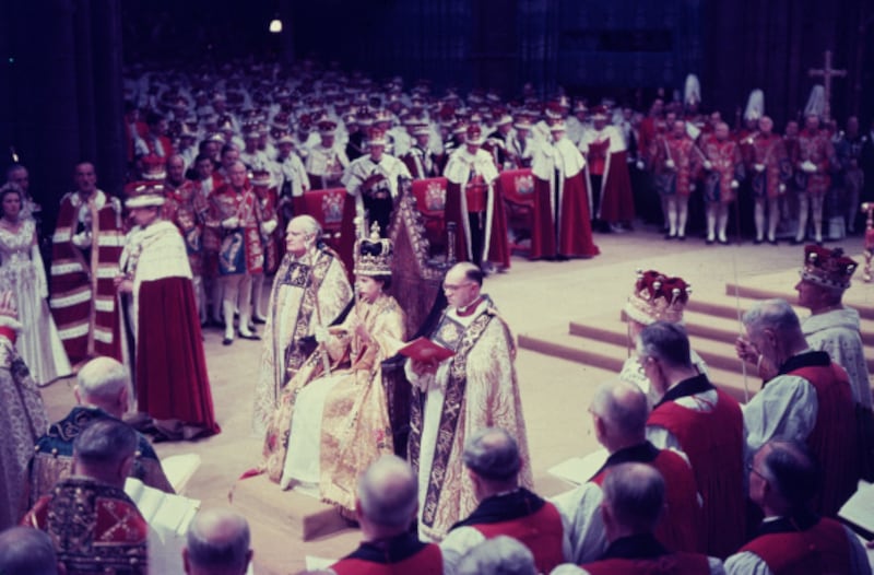 Queen Elizabeth at her coronation ceremony in Westminster Abbey in 1953