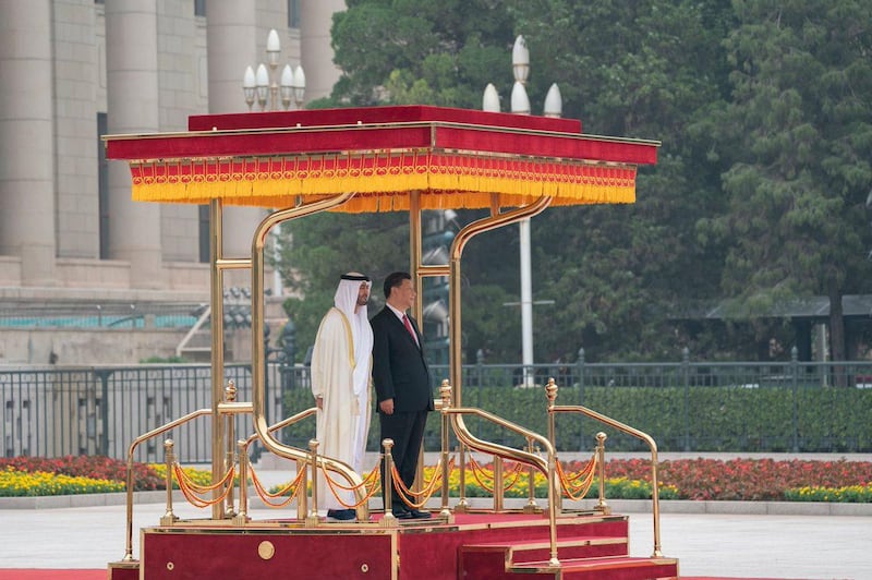 Sheikh Mohamed bin Zayed, Crown Prince of Abu Dhabi and Deputy Supreme Commander of the UAE Armed Forces, is welcomed to the Great Hall of the People in Beijing, where he met with President Xi Jinping on Monday. Courtesy Sheikh Mohamed bin Zayed Twitter