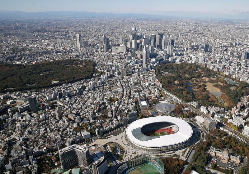 An aerial view of the completed Tokyo 2020 Olympic Games stadium. AP Photo