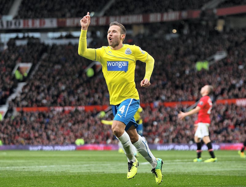 Newcastle United's Yohan Cabaye celebrates scoring against Manchester United   (Photo by Barrington Coombs - PA Images via Getty Images)