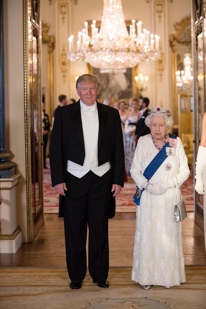 LONDON, ENGLAND - JUNE 03: U.S. President Donald Trump and Queen Elizabeth II pose for a photograph ahead of a State Banquet at Buckingham Palace on June 3, 2019 in London, England. President Trump's three-day state visit will include lunch with the Queen, and a State Banquet at Buckingham Palace, as well as business meetings with the Prime Minister and the Duke of York, before travelling to Portsmouth to mark the 75th anniversary of the D-Day landings.  (Photo by Jeff Gilbert - WPA Pool/Getty Images)