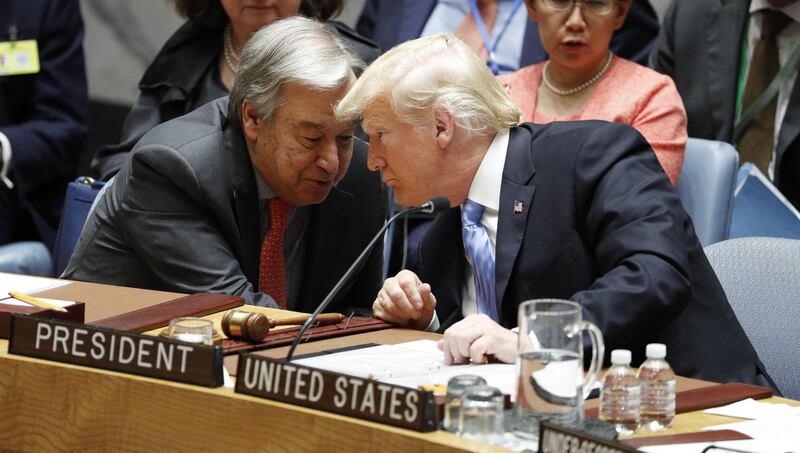 UN Secretary General Antonio Guterres talks with US President Donald Trump as he chairs the United Nations Security Council meeting on the sidelines of the General Debate of the General Assembly of the United Nations at United Nations Headquarters.  EPA