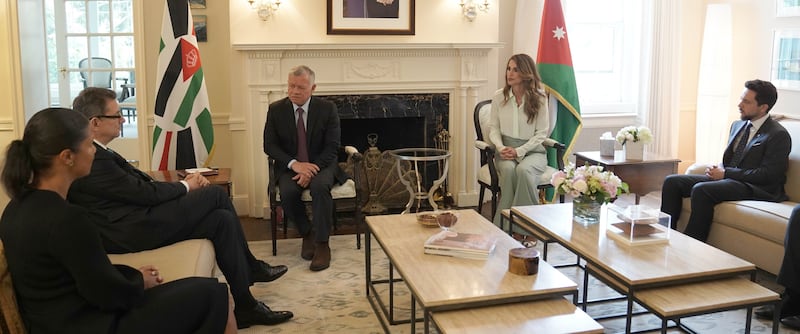 King Abdullah II, Queen Rania and Crown Prince Al Hussein meet with Pfizer Chairman and CEO Albert Bourla.