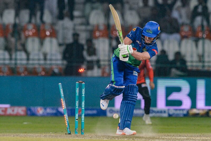 Multan Sultans' David Miller is clean bowled by Haris Rauf. AFP