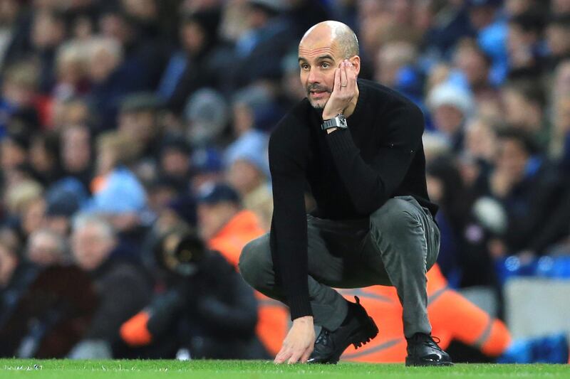 Manchester City's Spanish manager Pep Guardiola gestures from the touchline during the English Premier League football match between Manchester City and Sheffield United at the Etihad Stadium in Manchester, north west England, on December 29, 2019. (Photo by Lindsey Parnaby / AFP) / RESTRICTED TO EDITORIAL USE. No use with unauthorized audio, video, data, fixture lists, club/league logos or 'live' services. Online in-match use limited to 120 images. An additional 40 images may be used in extra time. No video emulation. Social media in-match use limited to 120 images. An additional 40 images may be used in extra time. No use in betting publications, games or single club/league/player publications. / 