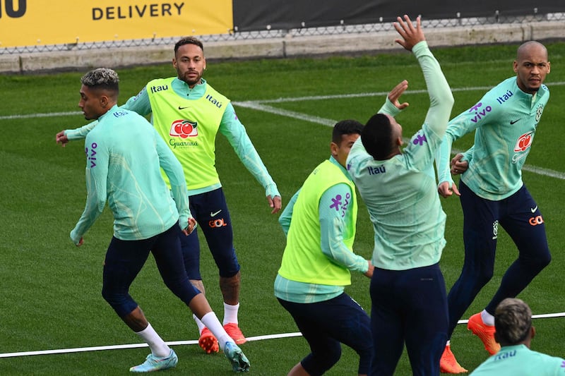 Brazil players including Raphinha, Neymar and Fabinho during training. AFP