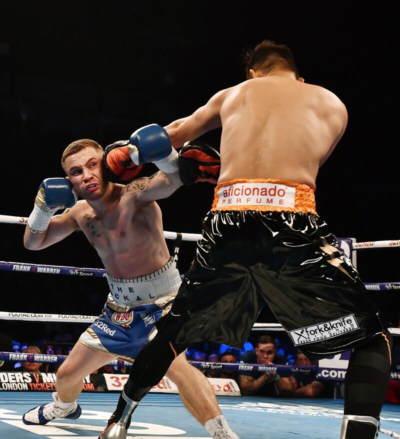 BELFAST, NORTHERN IRELAND - APRIL 21: Carl Frampton and Nonito Donaire during their WBO Interim World Featherweight championship bout at SSE Arena Belfast on April 21, 2018 in Belfast, Northern Ireland. (Photo by Charles McQuillan/Getty Images)