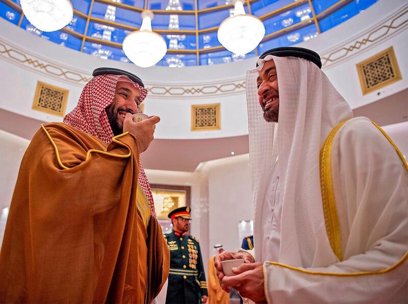 A handout picture provided by the Saudi Royal Palace on November 27, 2019, shows Abu Dhabi Crown Prince Sheikh Mohammed bin Zayed Al-Nahyan (R) and Saudi Crown Prince Mohammed bin Salman drinking coffe in Abu Dhabi.  Mohammed bin Salman visited the United Arab Emirates, as efforts to end the nearly five-year war in Yemen gain momentum. Riyadh and Abu Dhabi are close allies and key members of a military coalition backing the government in Yemen against the Iran-aligned Huthi rebels. - RESTRICTED TO EDITORIAL USE - MANDATORY CREDIT "AFP PHOTO / SAUDI ROYAL PALACE / BANDAR AL-JALOUD" - NO MARKETING - NO ADVERTISING CAMPAIGNS - DISTRIBUTED AS A SERVICE TO CLIENTS
 / AFP / Saudi Royal Palace / Bandar AL-JALOUD / RESTRICTED TO EDITORIAL USE - MANDATORY CREDIT "AFP PHOTO / SAUDI ROYAL PALACE / BANDAR AL-JALOUD" - NO MARKETING - NO ADVERTISING CAMPAIGNS - DISTRIBUTED AS A SERVICE TO CLIENTS
