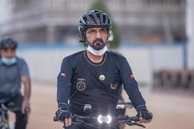 Sheikh Mohammed bin Rashid, Vice President and Ruler of Dubai, and his aides cycle around Dubai on Thursday. Courtesy: Dubai Media Office