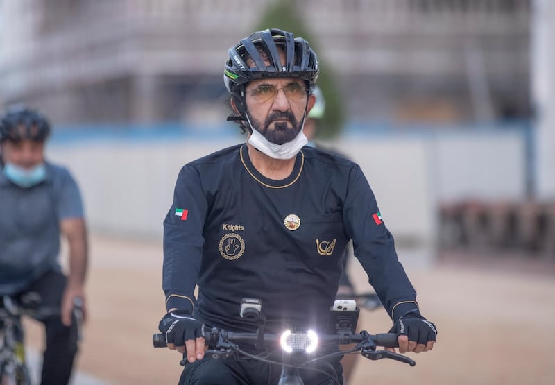 Sheikh Mohammed bin Rashid, Vice President and Ruler of Dubai, and family cycle around Dubai on Thursday. Courtesy: Dubai Media Office