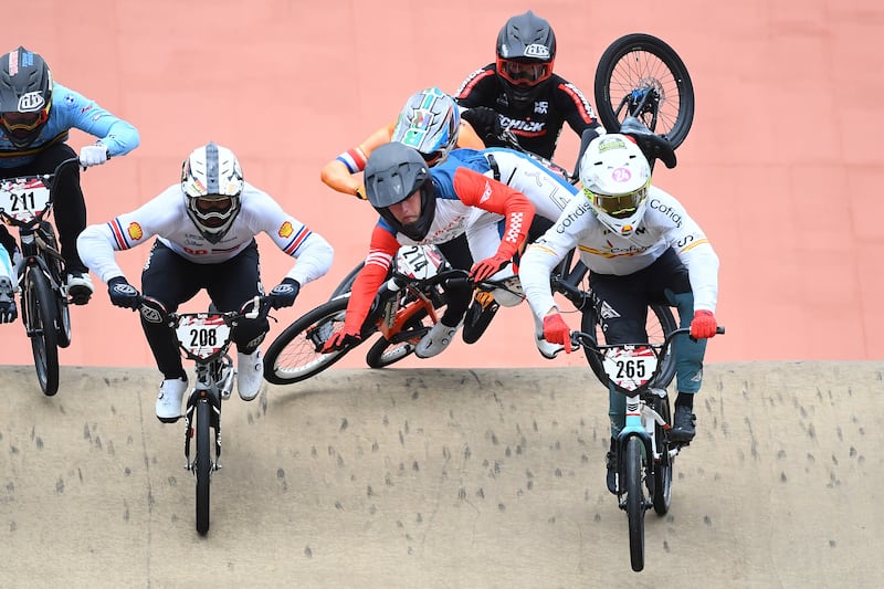 Matthew Tidswell of Australia crashes during round 4 of the the 2024 UCI BMX Racing World Cup in Brisbane. EPA
